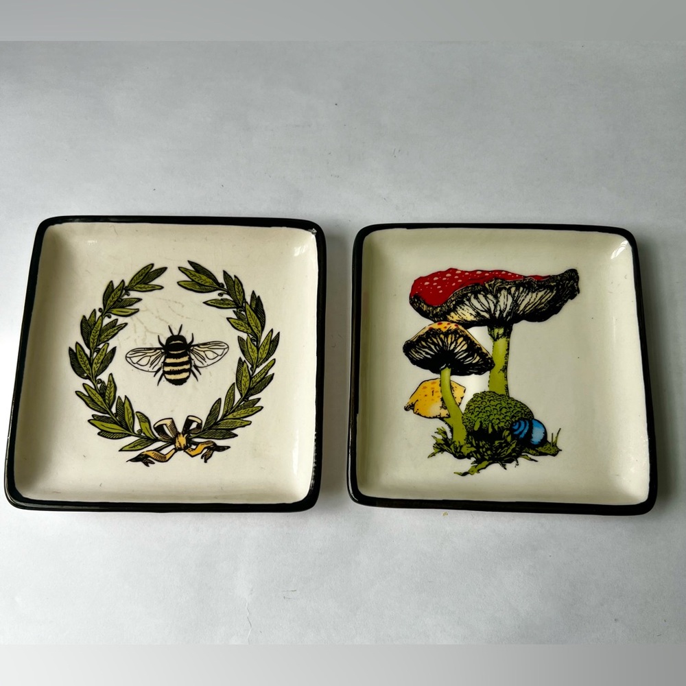 Set of Two Ceramic Bee & Mushroom Trinket Holders